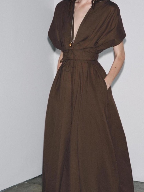 Zara Dresses & Skirts - Zara Brown Deep V Maxi Dress with Drawstring Waist